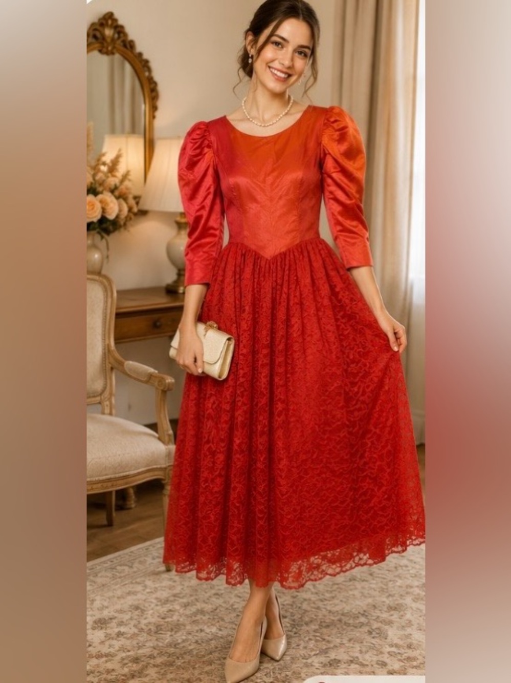 Vintage 80’s Dress Satin Lace Floral Red Beetlejuice Bride FLAW 3/4 sleeve Goth